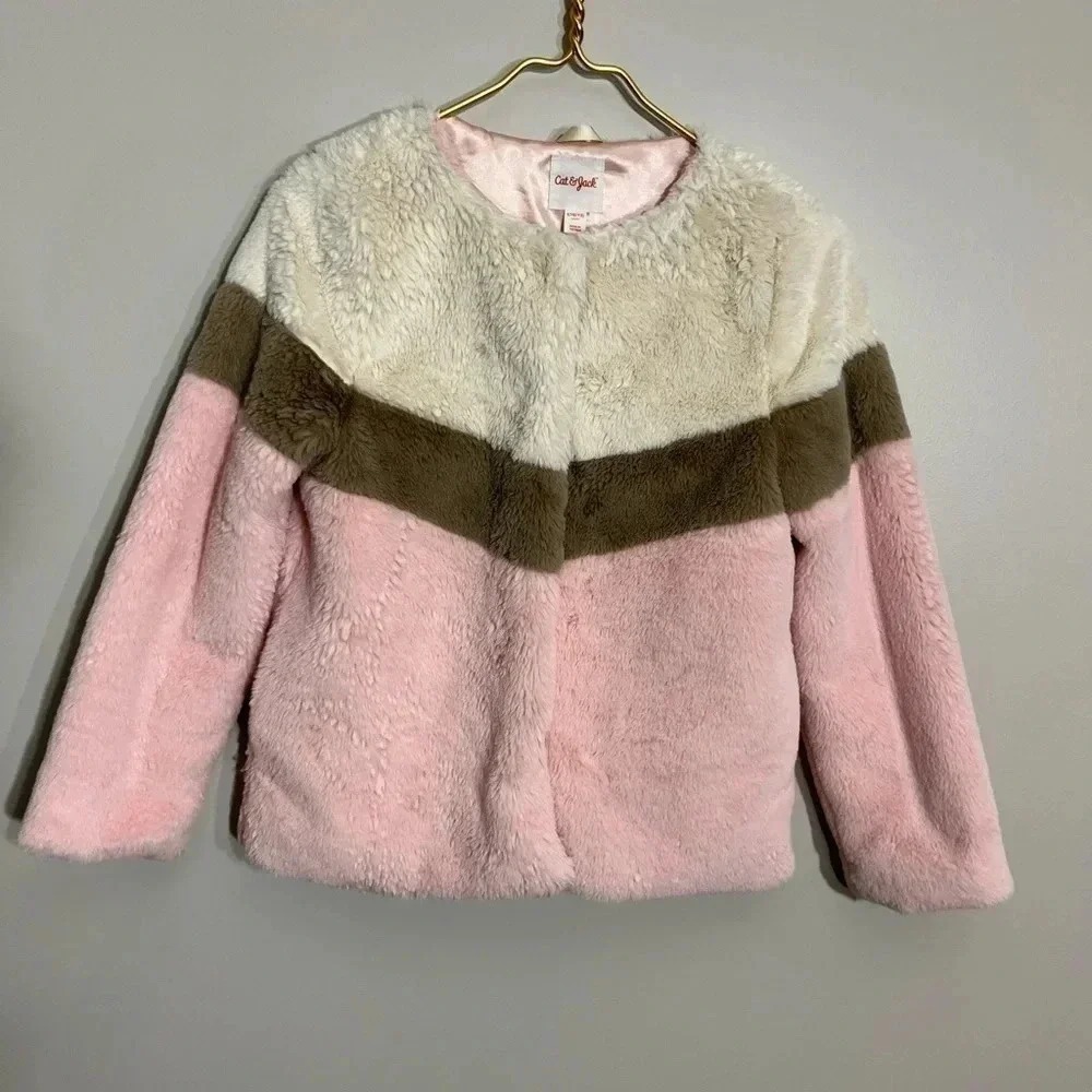 Cat & Jack Girls Faux Fur Colorblock Jacket Pink Cream Brown Size L 10/12